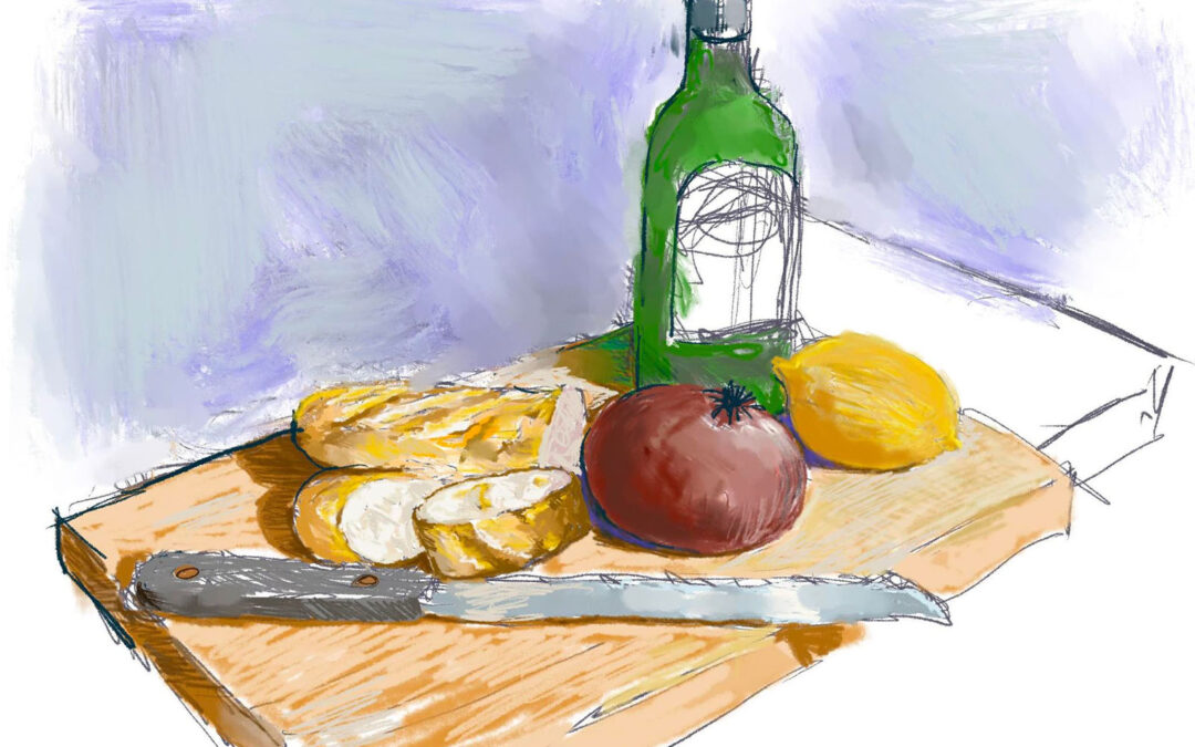 Still life with olive oil, vegetables and baguette