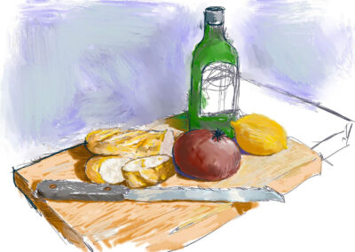 Still life with olive oil, vegetables and baguette